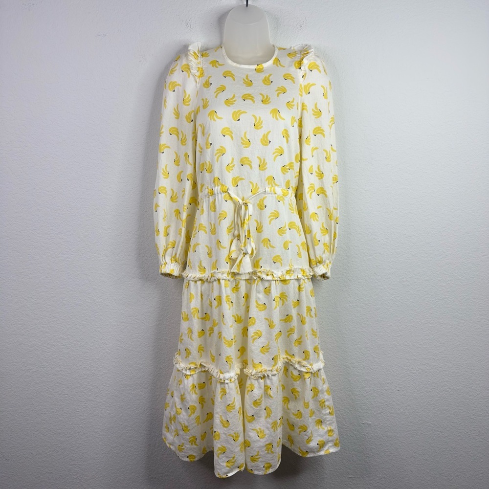 Anna Mason‎ Rosi Dress UK8/US4 White Yellow Banana Ruffle Tiered Peasant Boho